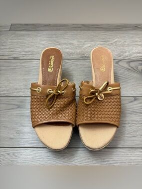 Sperry Espadrille Woman’s Tan/Brown Platform Wedges Leather Weave Gold Size 7